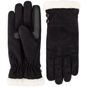Women's Black Water Repellent Microsuede Gloves Sherpa Lined Button Detail